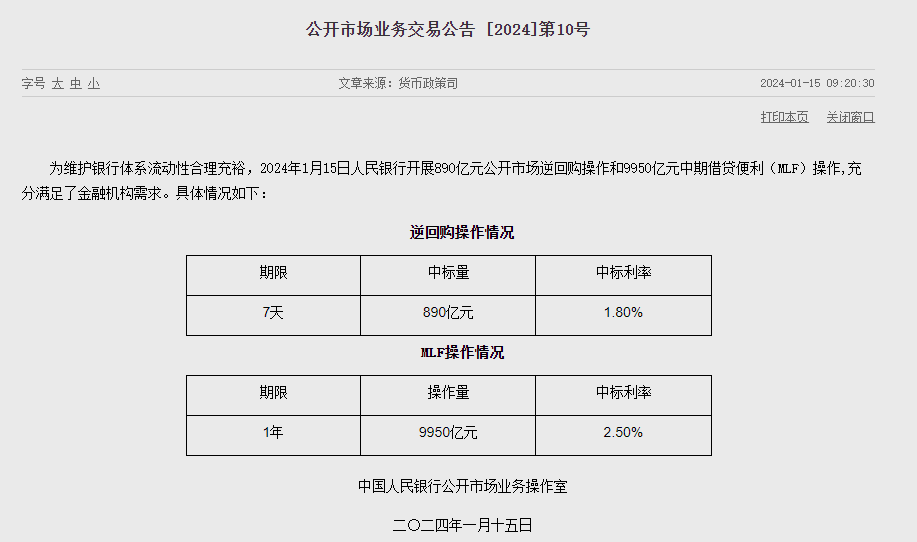 中国人民银行公开市场业务交易公告。 来源：中国人民银行官网